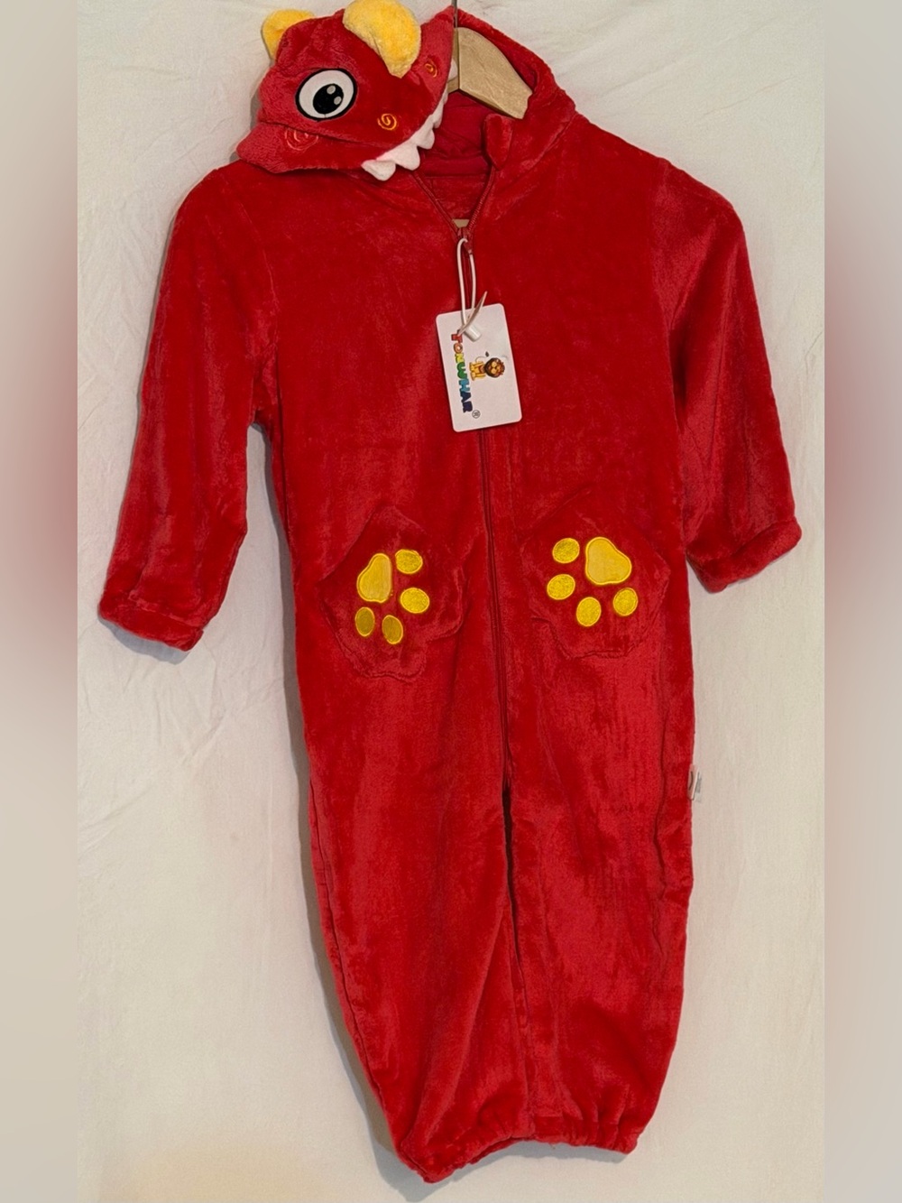 NWT red Dragon Dinosaur Costume Hooded Fuzzy Romper Halloween Pajama 3T-4T